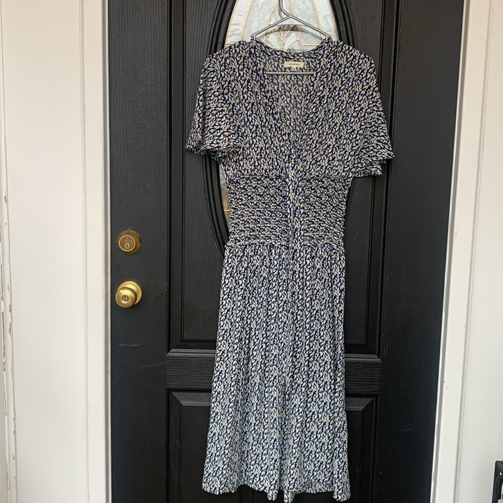 Max Studio black blue dresss tie front‎ neck sz L elastic waist midi fit & flare